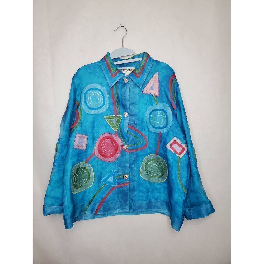 Vintage TravelSmith 100% Silk Artsy Lagenlook Patchwork Embroidered Blouse